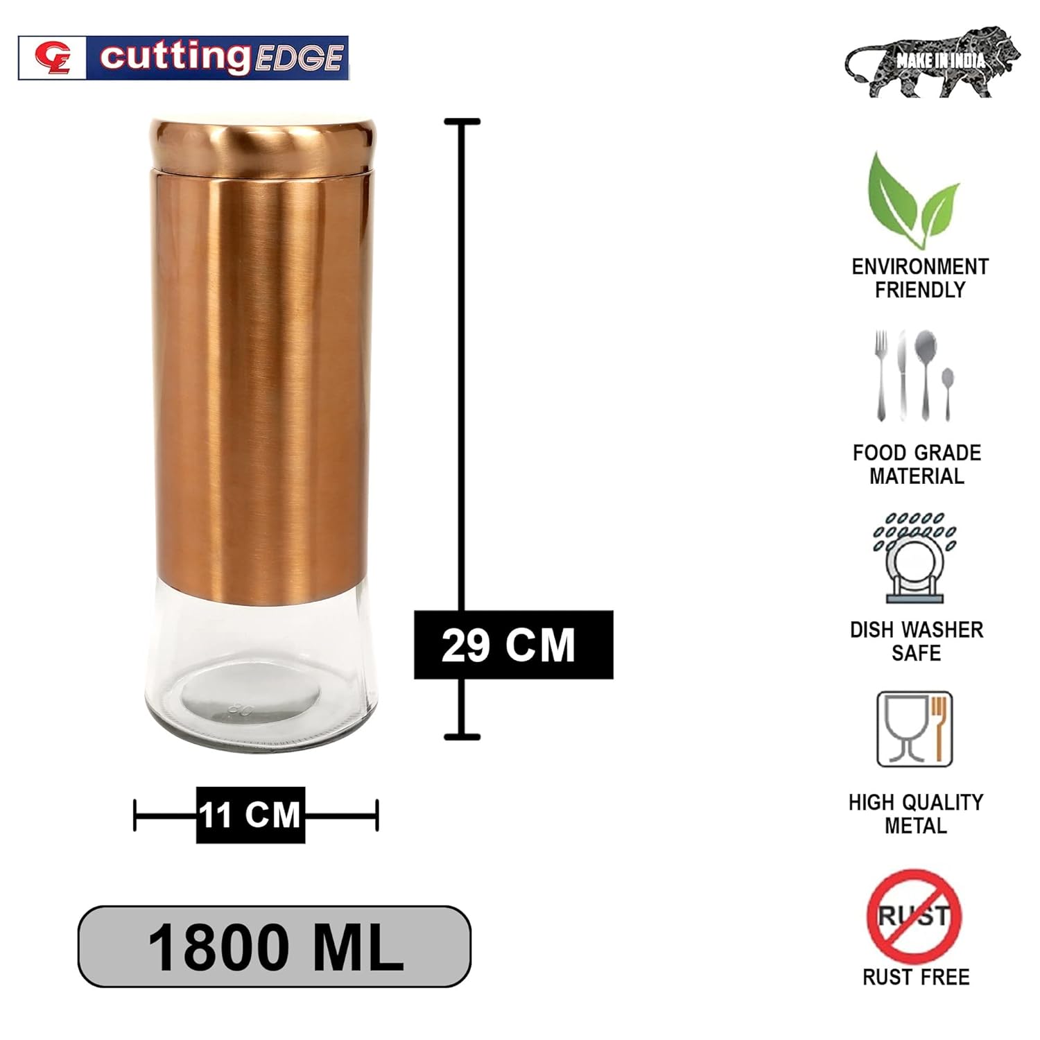 Cutting EDGE Rose Gold Finish Clear Glass Tapered Glass Jars for Sugar,Cereal, Spices, Pulses and other Kitchen Storage