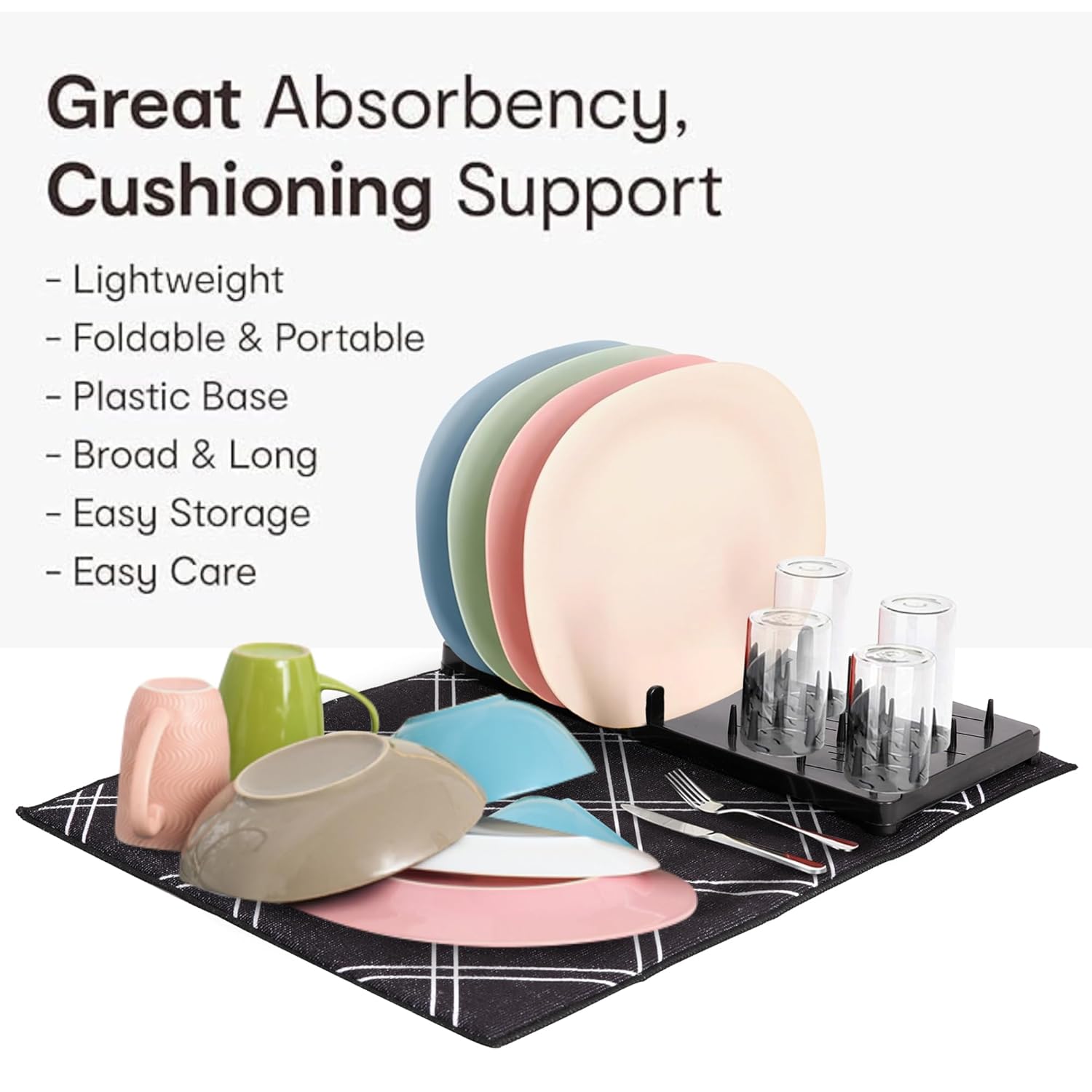 Cutting EDGE Dish Drying Rack with Black Microfiber Mat – Compact, Foldable & Lightweight Kitchen Rack for Sink or Counter – Pattern Design Mat Offers Fast Drying & Stylish Organization