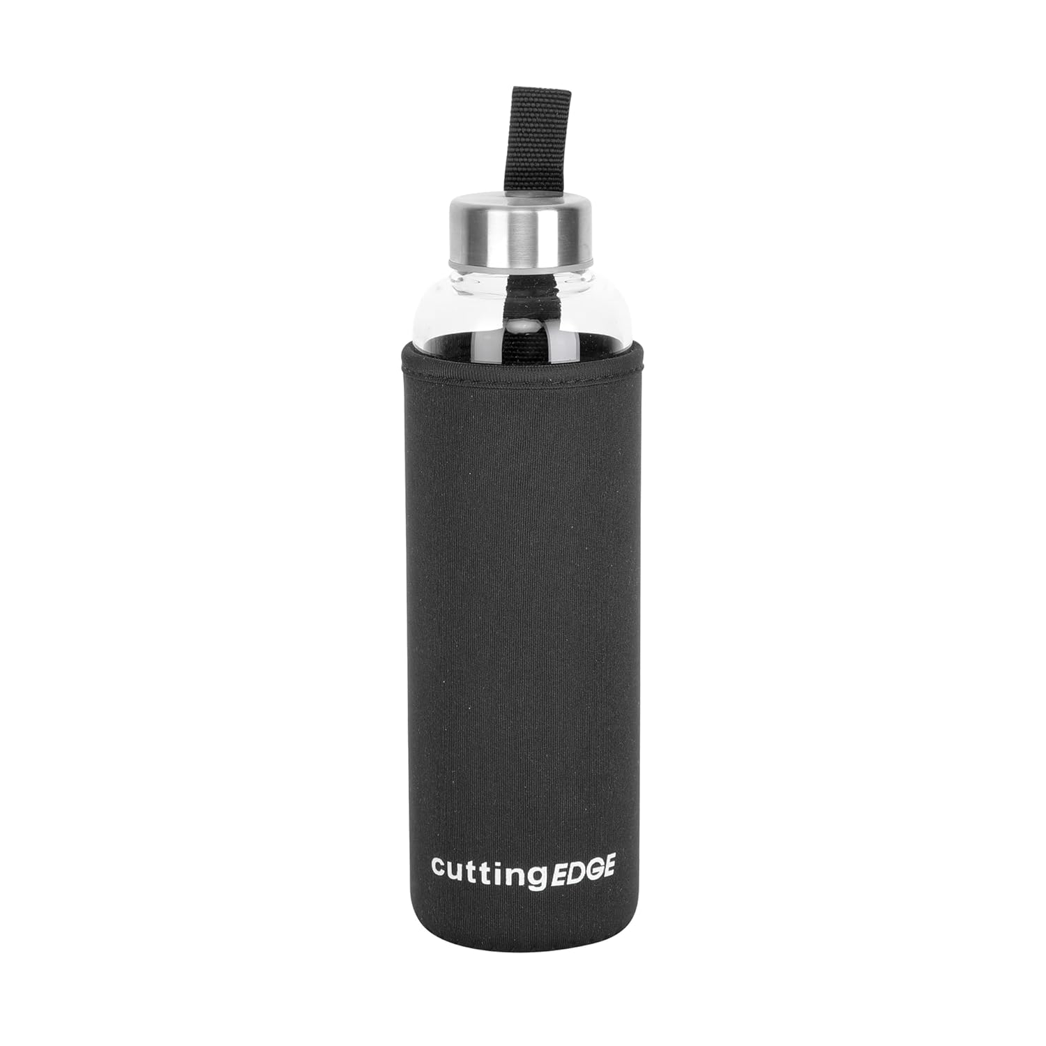 Cutting EDGE Borosilicate Round Glass Water Bottle with Black Portable Carrying Sleeve for School, Home, Office, Travel, Sport, Yoga, Gym, Hot, Cold Drinks (Transparent)