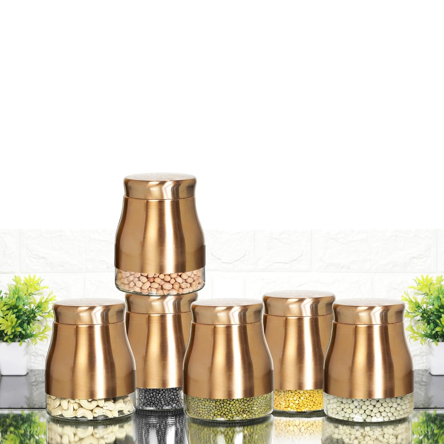Cutting EDGE Rose Gold Finish - Bell Bottom Glass Jars for Sugar, Cereal,  Spices, Pulses and other Kitchen Storage