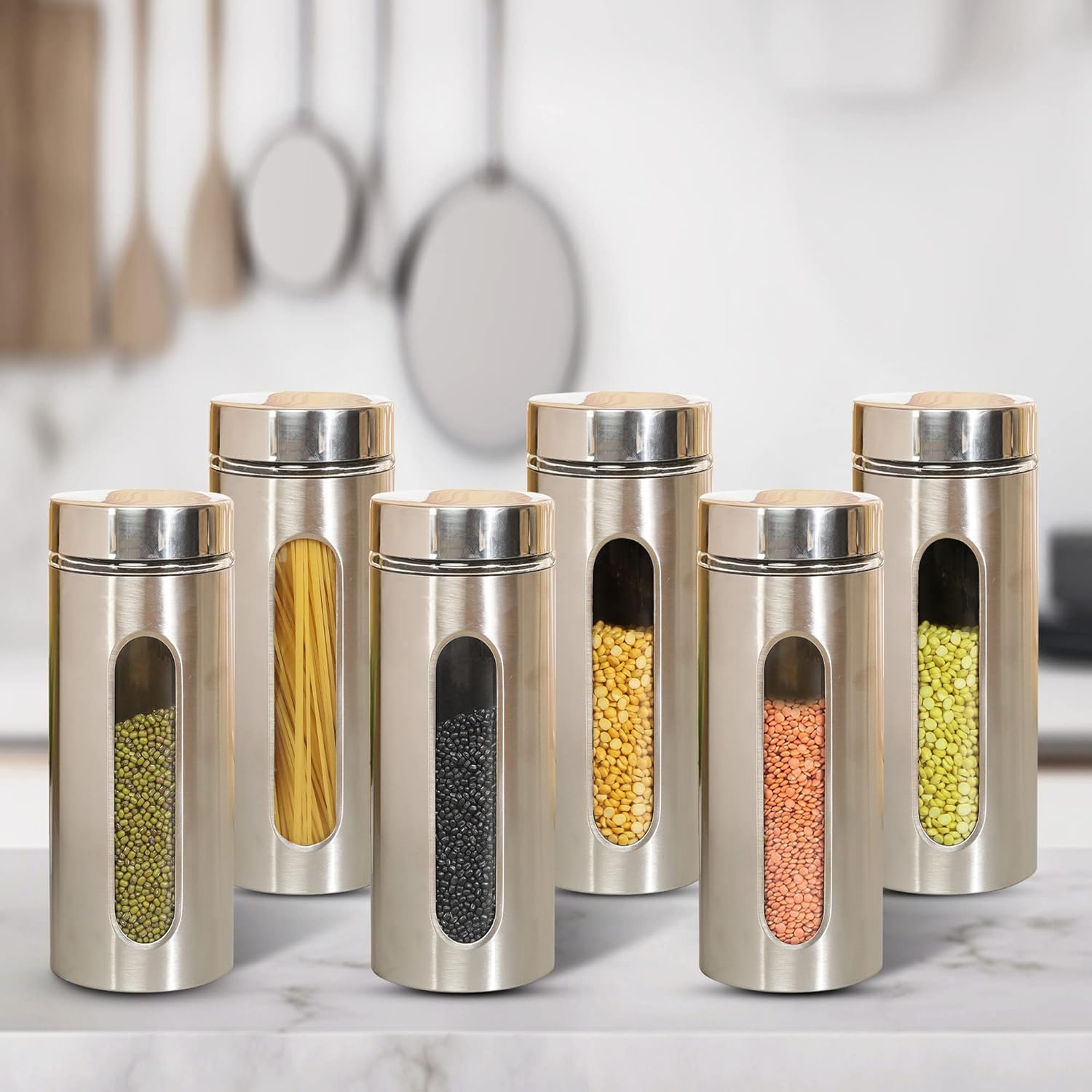 Cutting EDGE Oval Glass Window - Steel Jacketed Glass Jars for Dal, Dry Fruits, Spices and other Kitchen Storage
