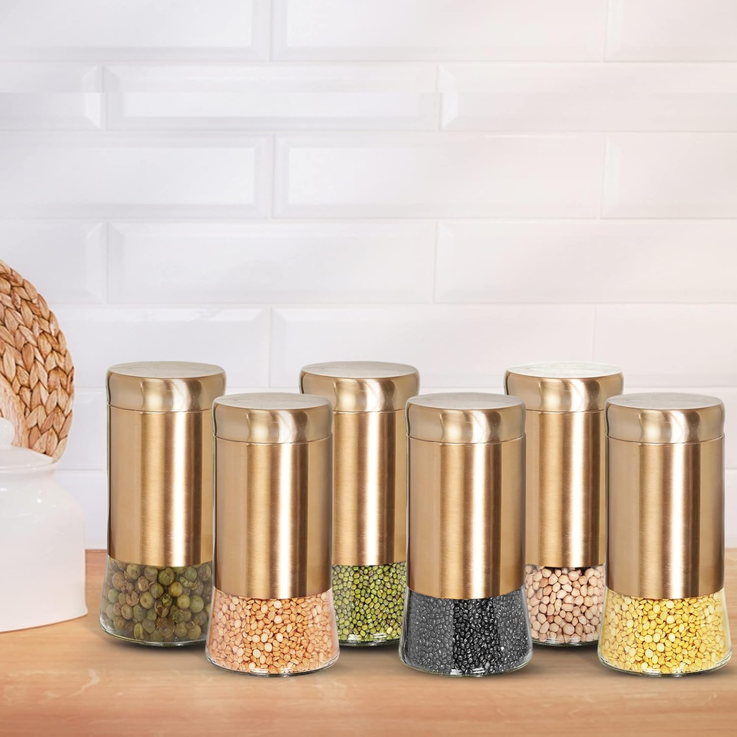 Cutting EDGE Rose Gold Finish Clear Glass Tapered Glass Jars for Sugar,Cereal, Spices, Pulses and other Kitchen Storage