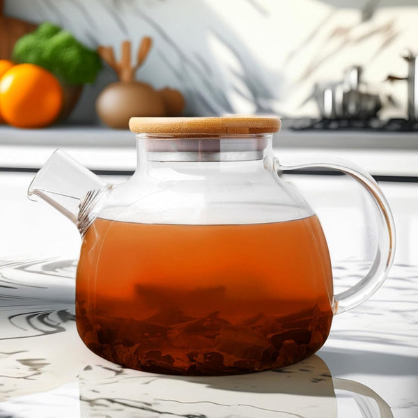 Cutting EDGE Halo Borosilicate Glass Flame-Proof Glass Tea Pot | Transparent Kettle with Removable Bamboo Lid, Filter Spout & Handle | Ideal for Brewing Tea, Coffee & Herbal Infusions
