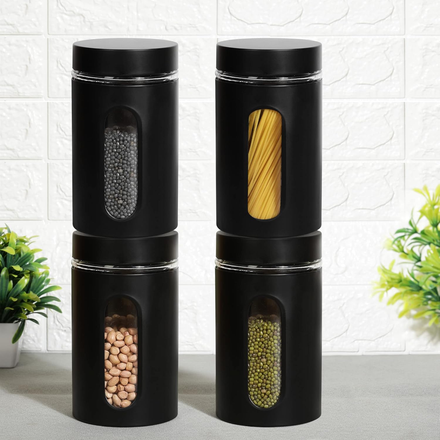 Cutting EDGE Oval Window - Powdered Black Finish Glass Jars for Dal,Dry Fruits,Spices and other Kitchen Storage