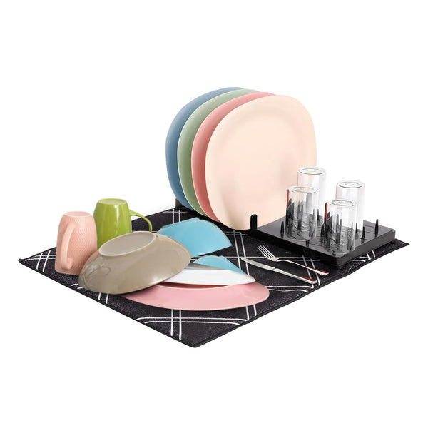 Cutting EDGE Dish Drying Rack with Black Microfiber Mat – Compact, Foldable & Lightweight Kitchen Rack for Sink or Counter – Pattern Design Mat Offers Fast Drying & Stylish Organization