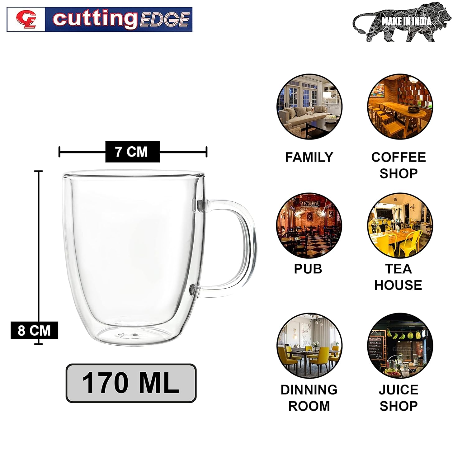 Cutting EDGE Iris Double Wall Heat Resistant Borosilicate Clear Tea Coffee Cup with Handle Glass Coffee Mug