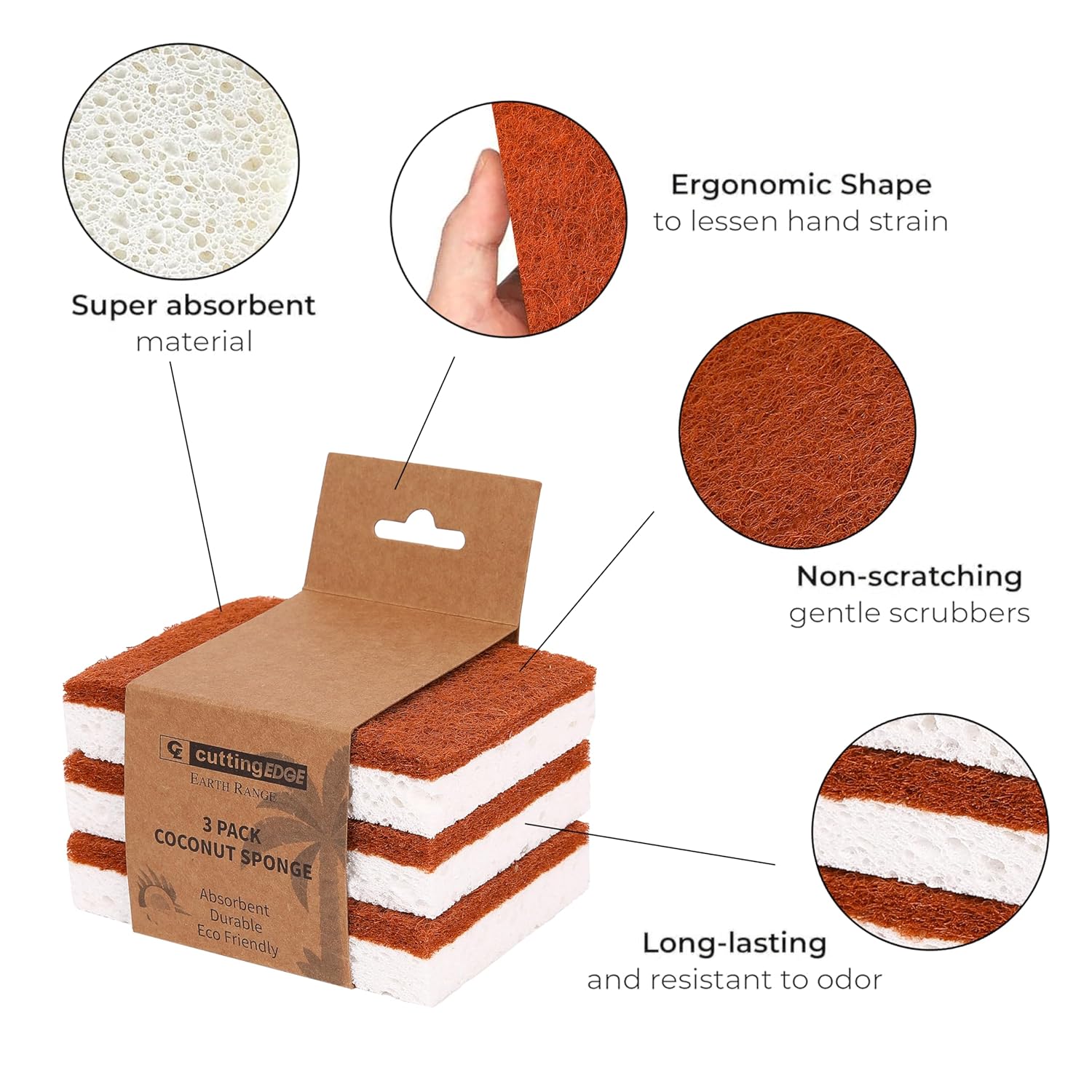 Cutting EDGE Coconut Fiber Coir - Biodegradable Non Scratch Cellulose & Long Lasting Scrubbing Pads for Kitchen Cleaning Dishes and Pots – Pack of 3