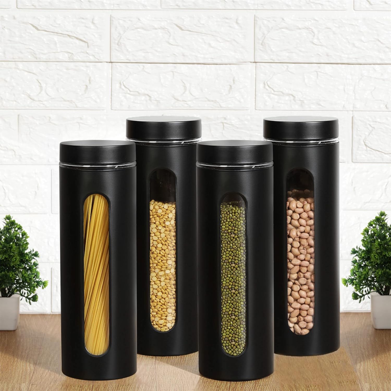 Cutting EDGE Oval Window - Powdered Black Finish Glass Jars for Dal,Dry Fruits,Spices and other Kitchen Storage