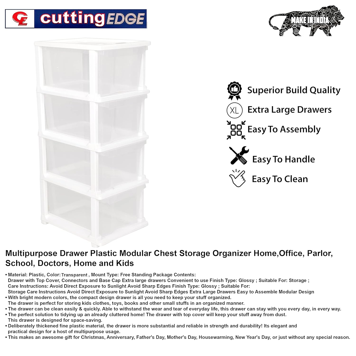 Cutting EDGE Modular Drawer Set for Home, Office, Hospital, Parlor, School, Doctors, Home and Kids, Plastic Product Dimension When assembeled