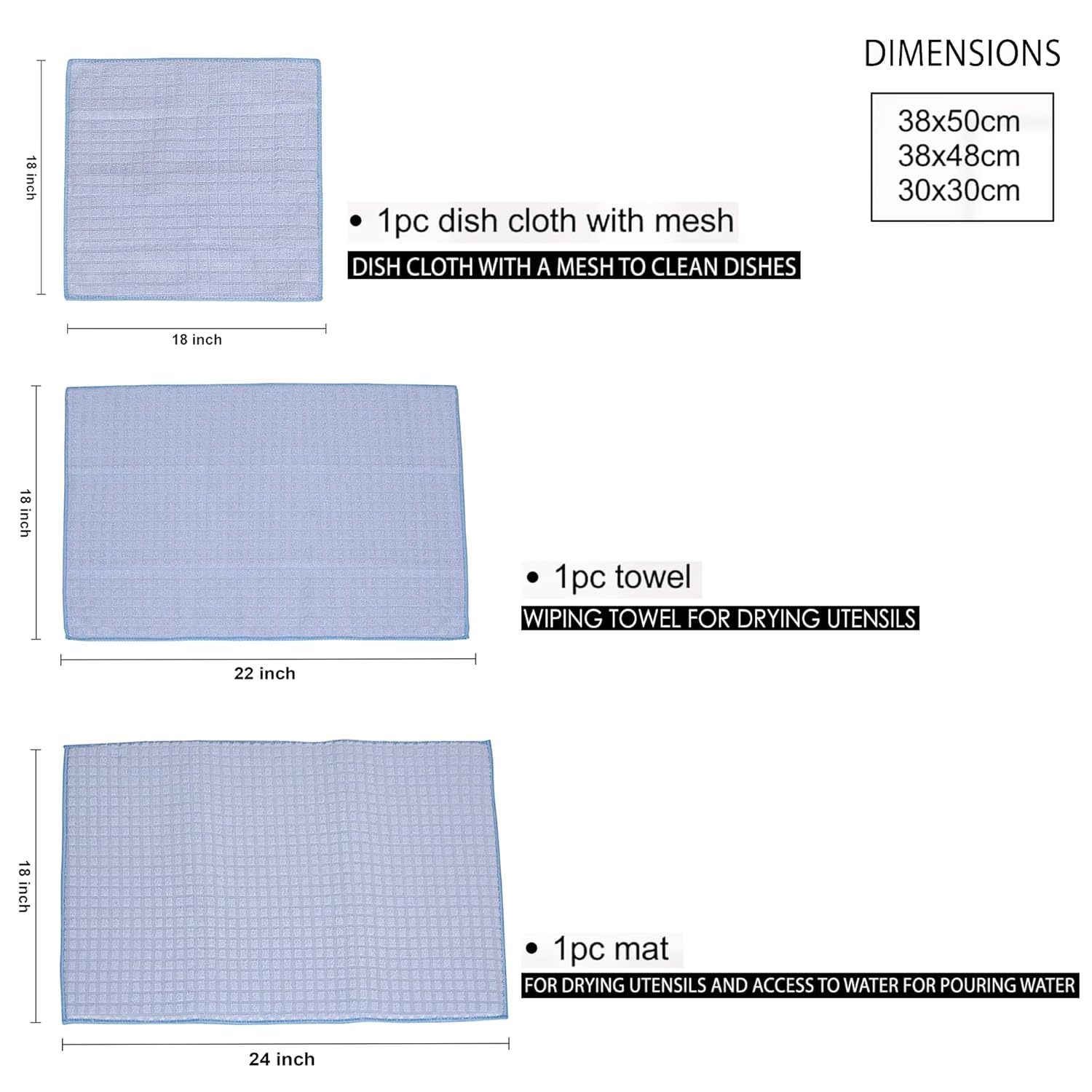 Cutting EDGE Kitchen Care Set – 3-Piece Combo: Dish Wash Cloth with Mesh, Dish Wash Towel, and Dish Drying Mat