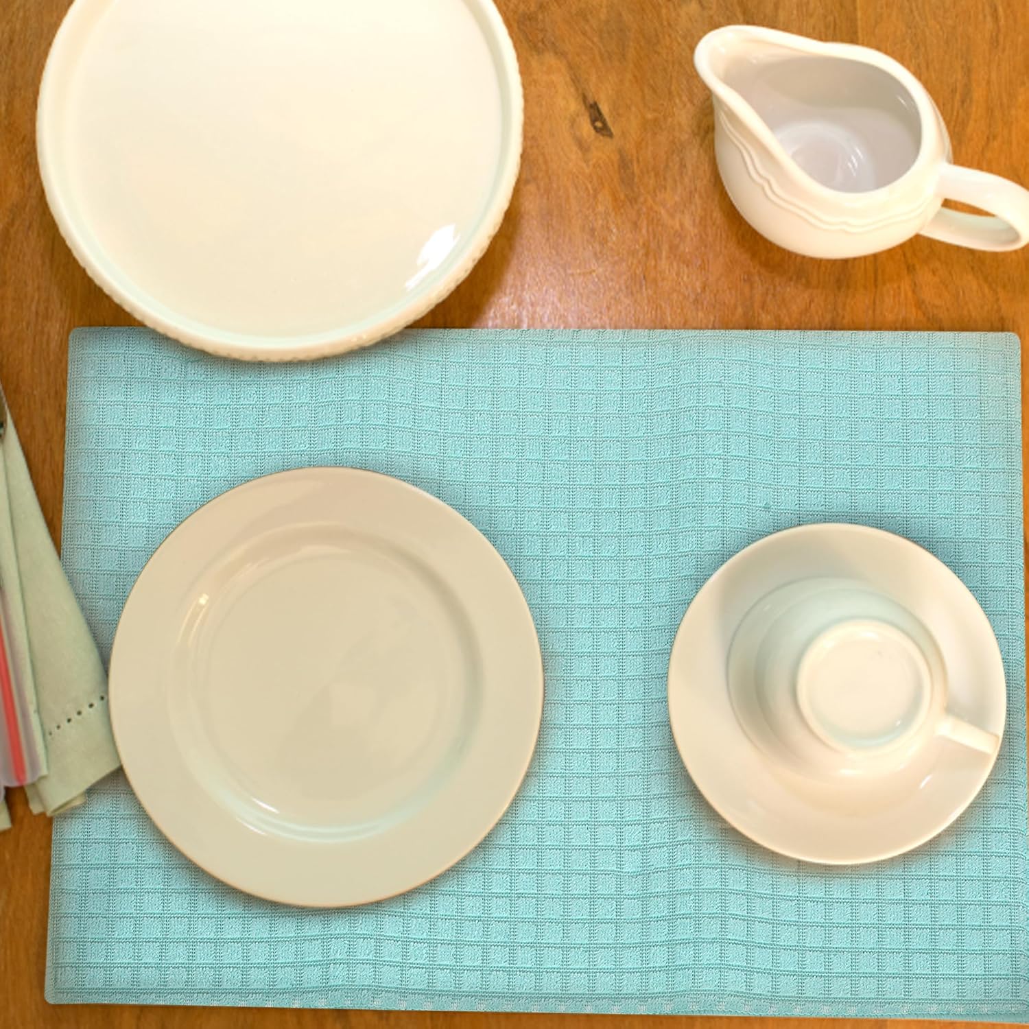 Dishwashing Combo with Microfiber Mesh Cloth, Super Absorbent Towel & Quick-Dry Dish Drying Mat for Utensils, Dishes, Countertops & Sink Area (Light Blue)