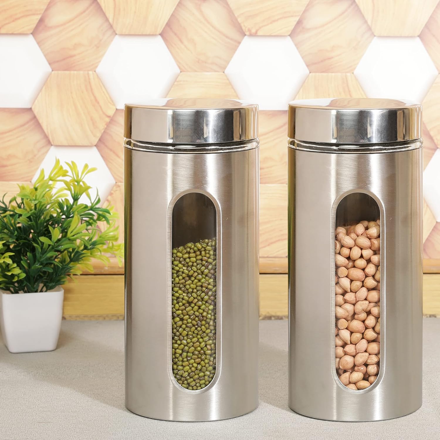 Cutting EDGE Oval Glass Window - Steel Jacketed Glass Jars for Dal, Dry Fruits, Spices and other Kitchen Storage