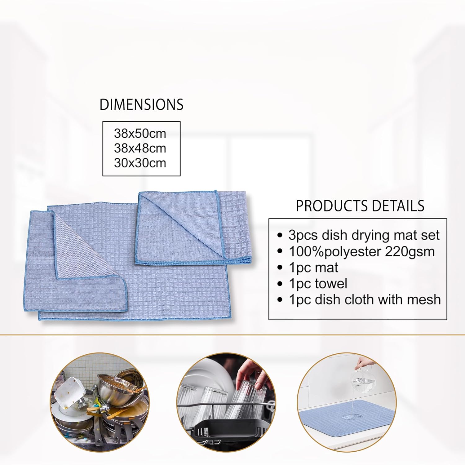 Cutting EDGE Kitchen Care Set – 3-Piece Combo: Dish Wash Cloth with Mesh, Dish Wash Towel, and Dish Drying Mat
