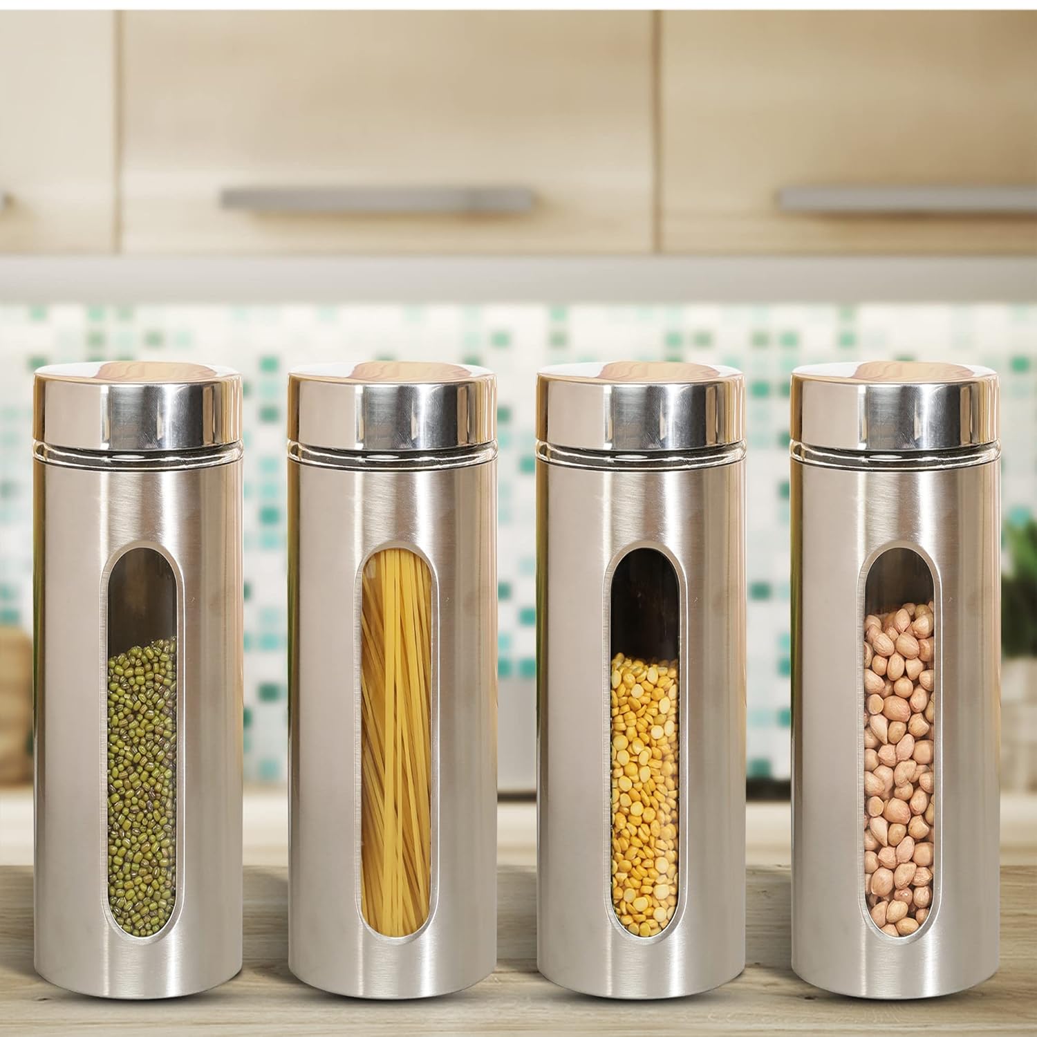 Cutting EDGE Oval Glass Window - Steel Jacketed Glass Jars for Dal, Dry Fruits, Spices and other Kitchen Storage