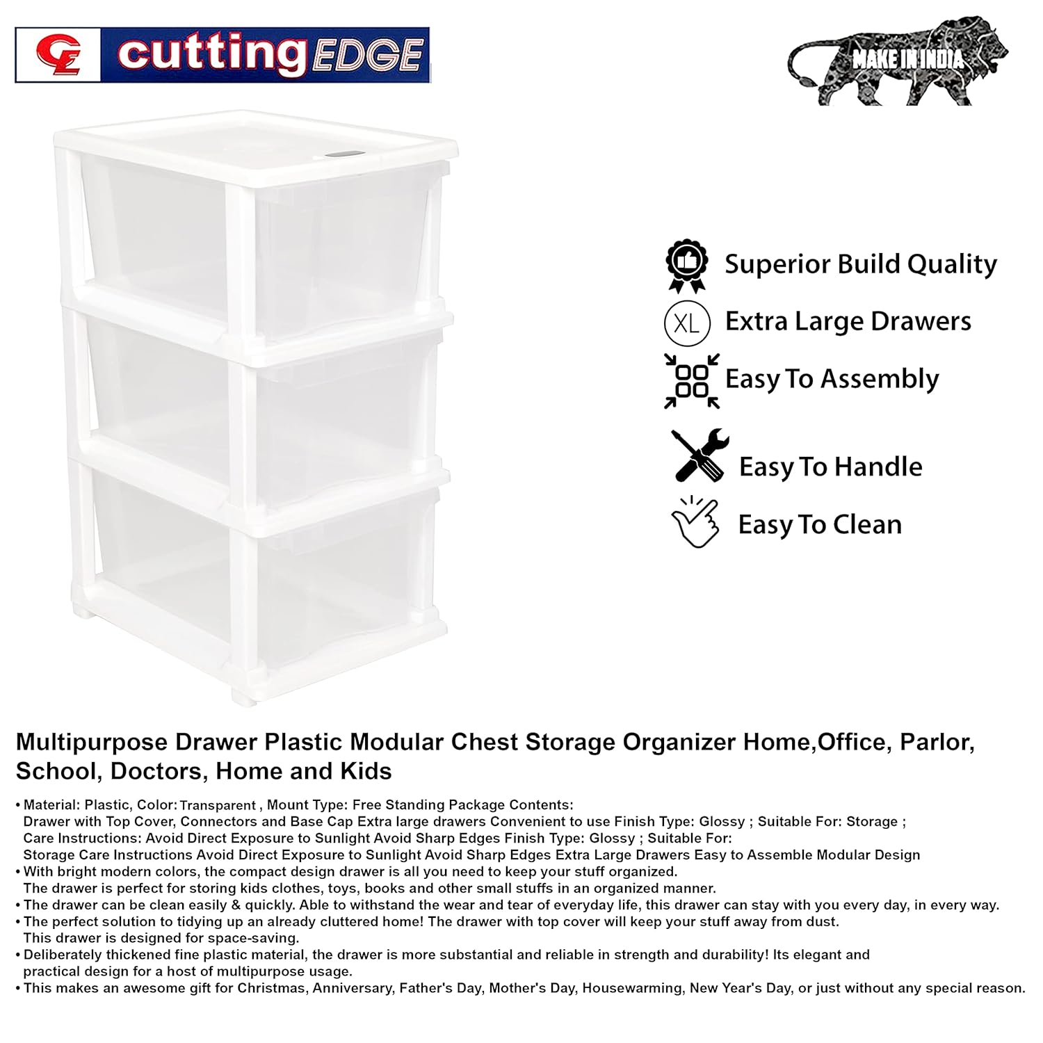 Cutting EDGE Modular Drawer Set for Home, Office, Hospital, Parlor, School, Doctors, Home and Kids, Plastic Product Dimension When assembeled