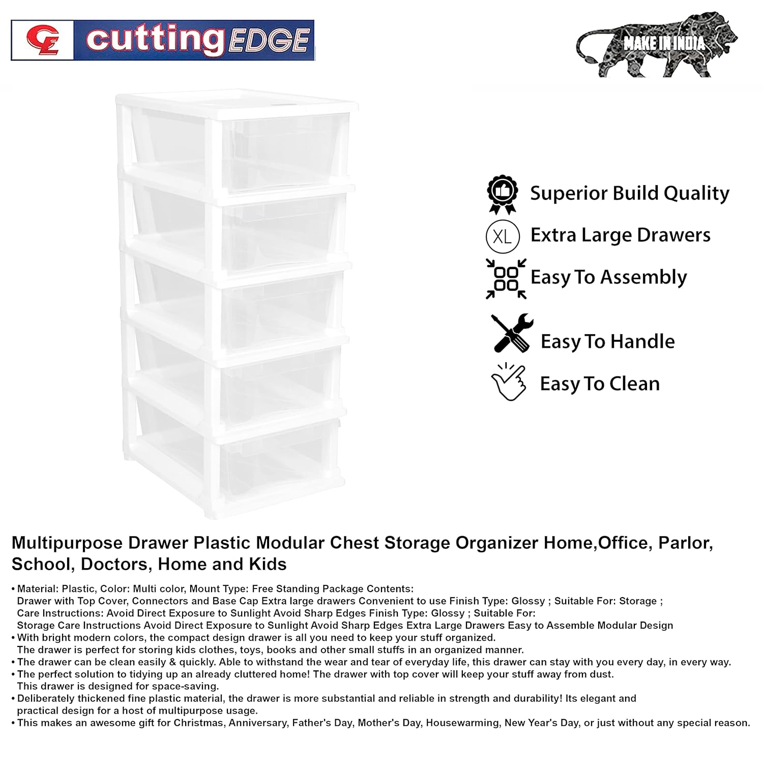Cutting EDGE Plastic Small Modular Drawer Set For Home,Office,Hospital,Parlor,School,Doctors,Home & Kids,Product Dimension When Assembeled (Transparent,Rectangular)