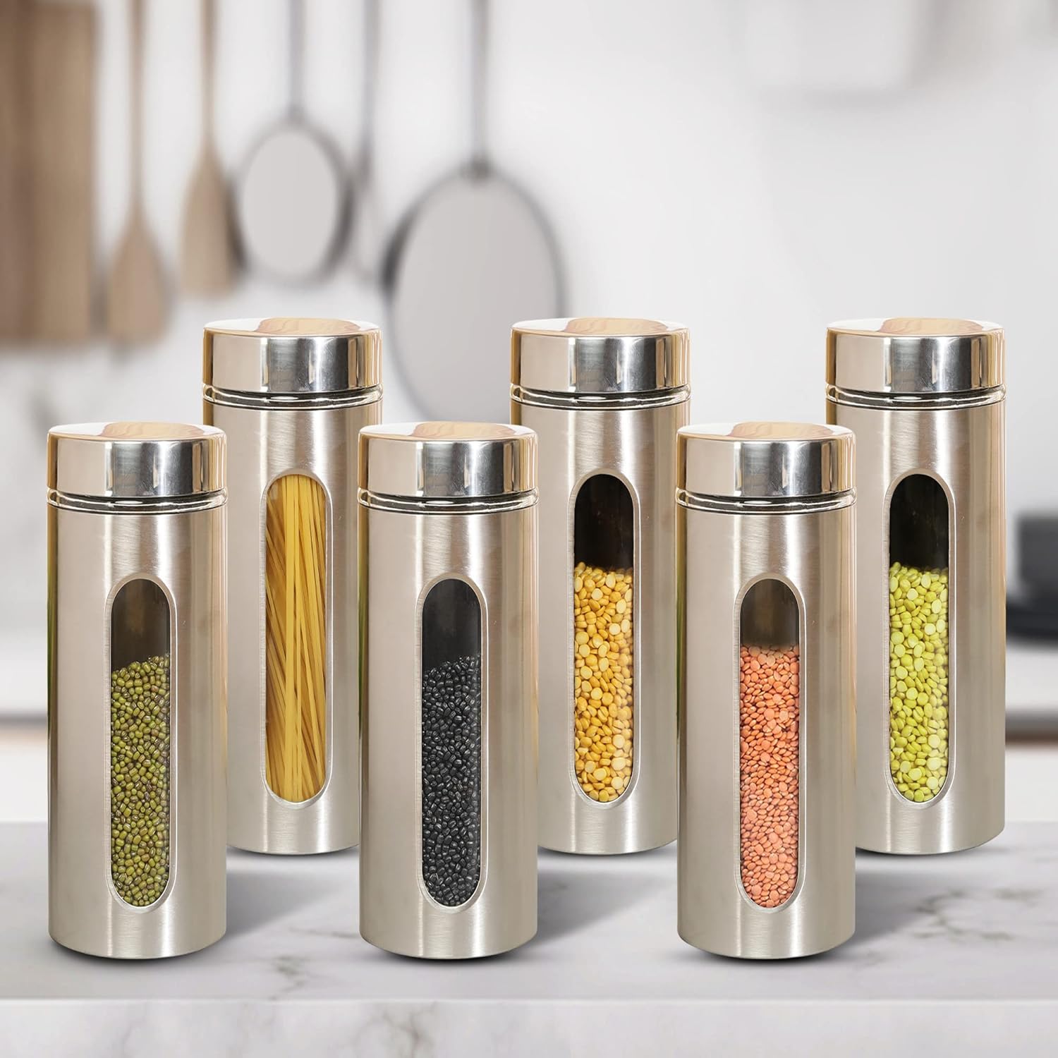 Cutting EDGE Oval Glass Window - Steel Jacketed Glass Jars for Dal, Dry Fruits, Spices and other Kitchen Storage