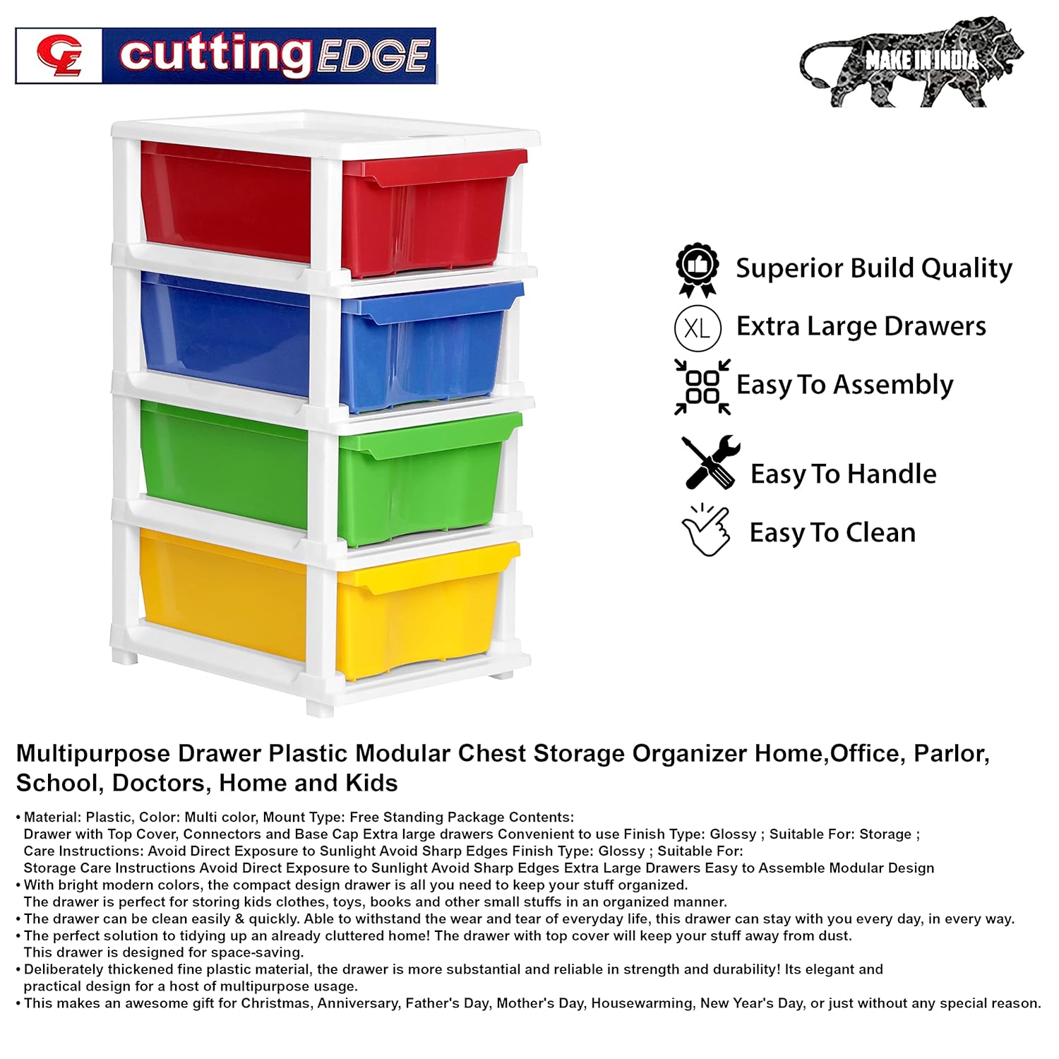 Cutting EDGE Compact Modular Plastic Drawer Set for Home, Office, Hospital, Parlor, School, Home & Kids, Product Dimension when assembled (Multicolor)