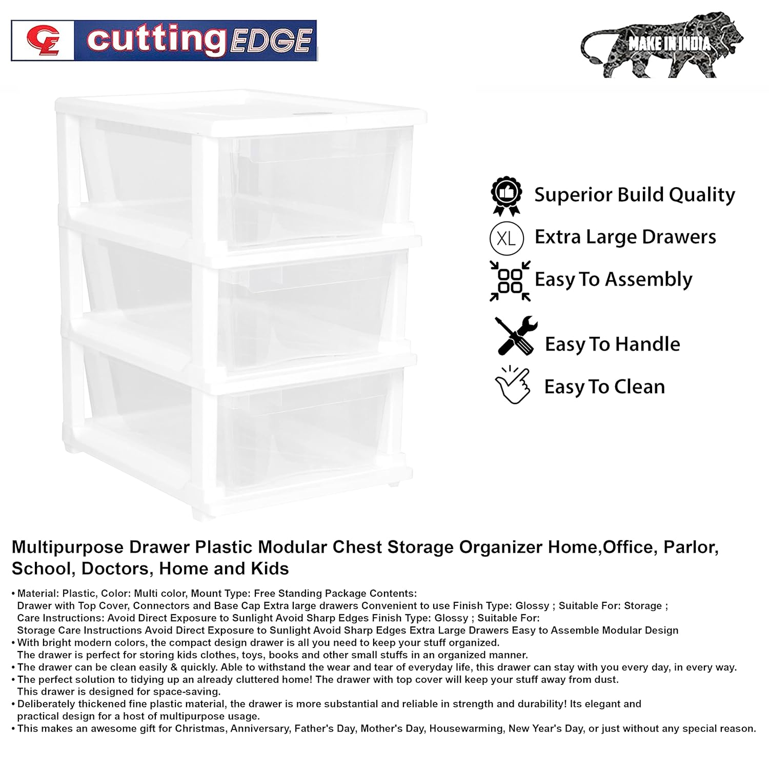 Cutting EDGE Plastic Small Modular Drawer Set For Home,Office,Hospital,Parlor,School,Doctors,Home & Kids,Product Dimension When Assembeled (Transparent,Rectangular)