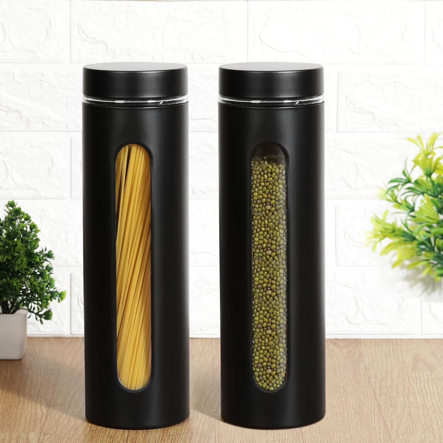 Cutting EDGE Oval Window - Powdered Black Finish Glass Jars for Dal,Dry Fruits,Spices and other Kitchen Storage
