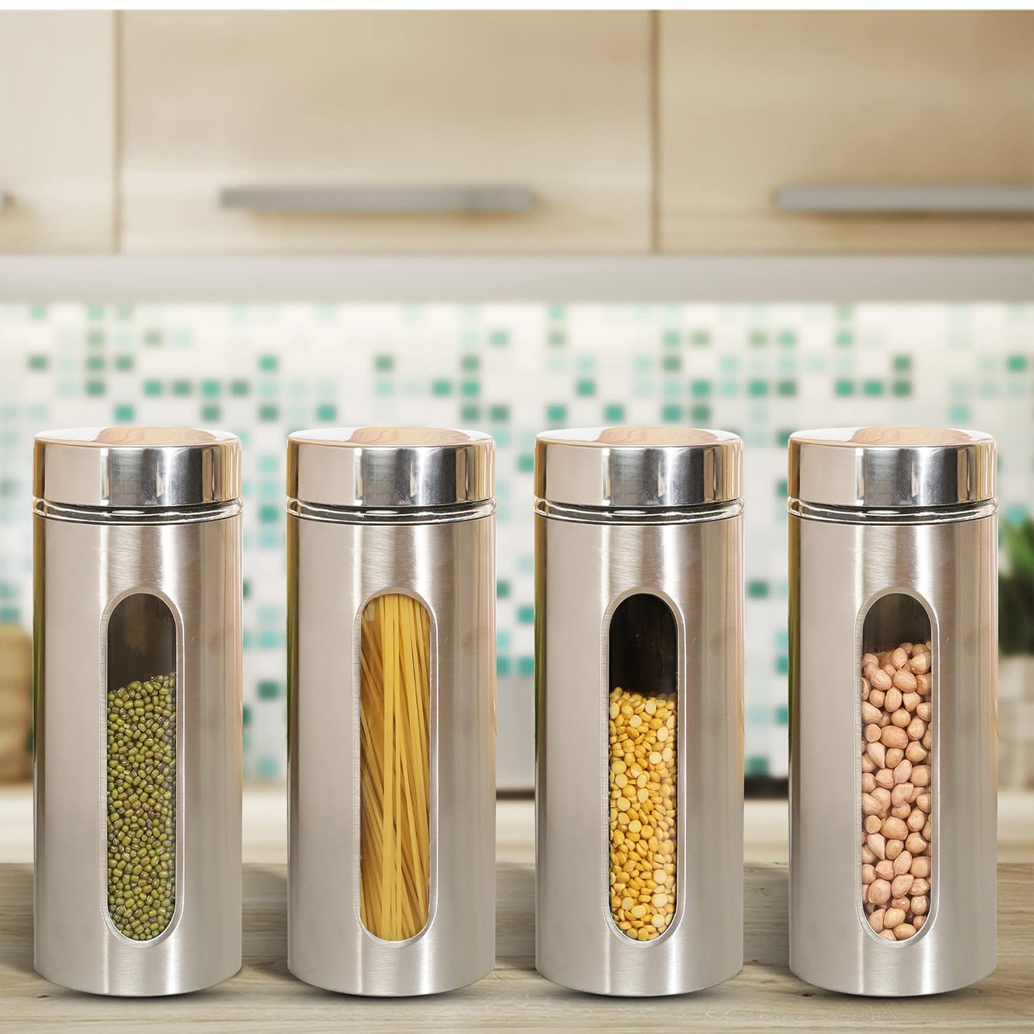 Cutting EDGE Oval Glass Window - Steel Jacketed Glass Jars for Dal, Dry Fruits, Spices and other Kitchen Storage