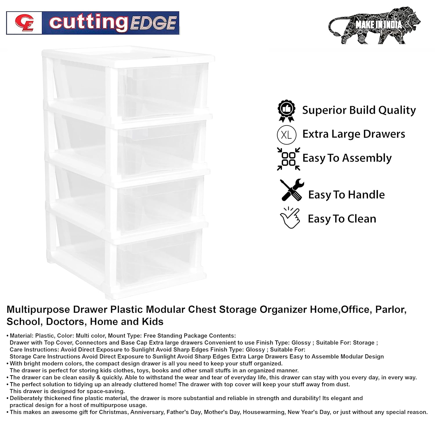 Cutting EDGE Plastic Small Modular Drawer Set For Home,Office,Hospital,Parlor,School,Doctors,Home & Kids,Product Dimension When Assembeled (Transparent,Rectangular)