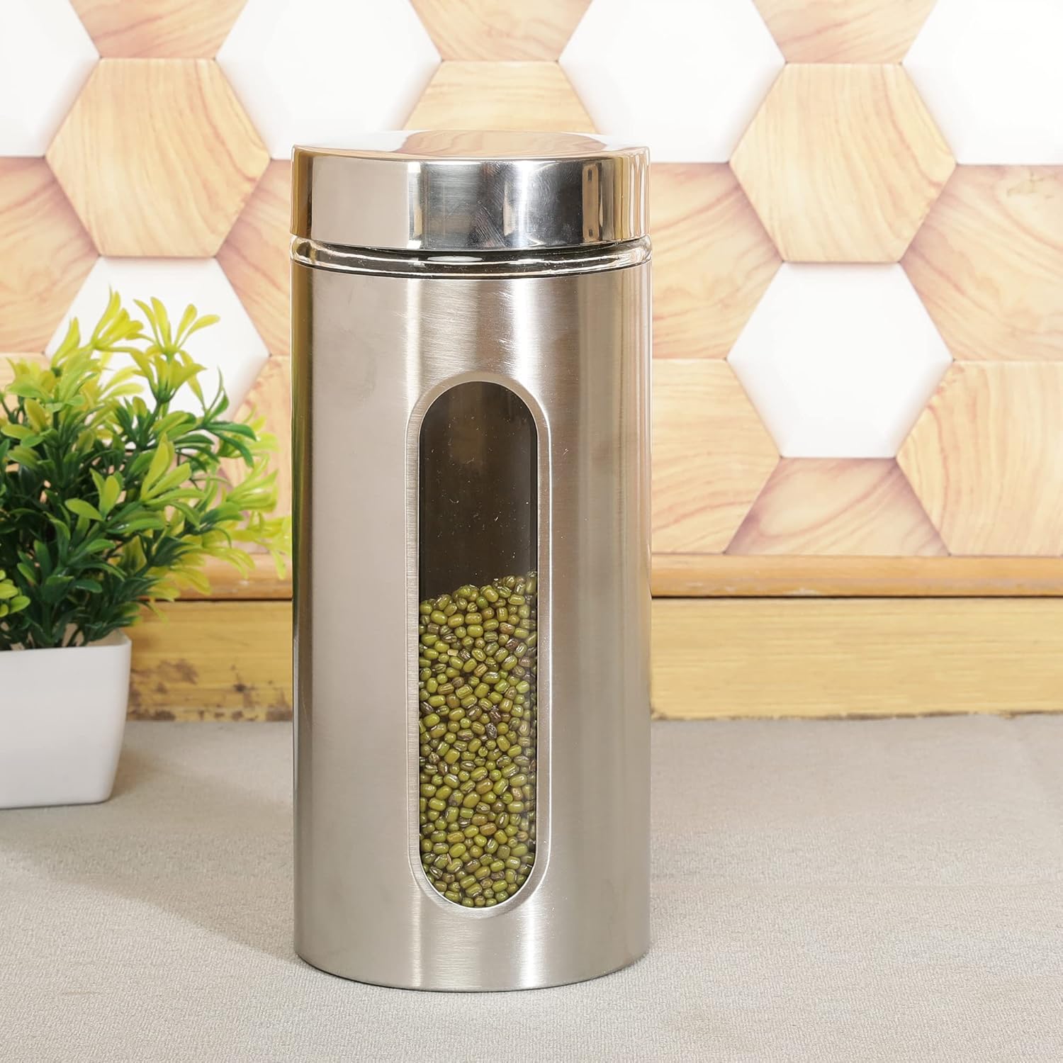 Cutting EDGE Oval Glass Window - Steel Jacketed Glass Jars for Dal, Dry Fruits, Spices and other Kitchen Storage