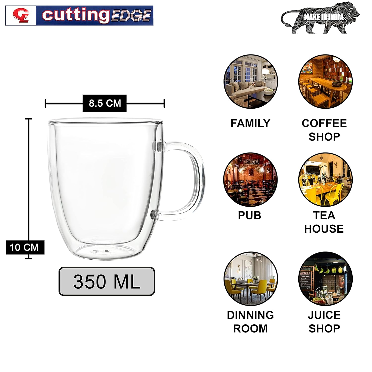 Cutting EDGE Iris Double Wall Heat Resistant Borosilicate Clear Tea Coffee Cup with Handle Glass Coffee Mug