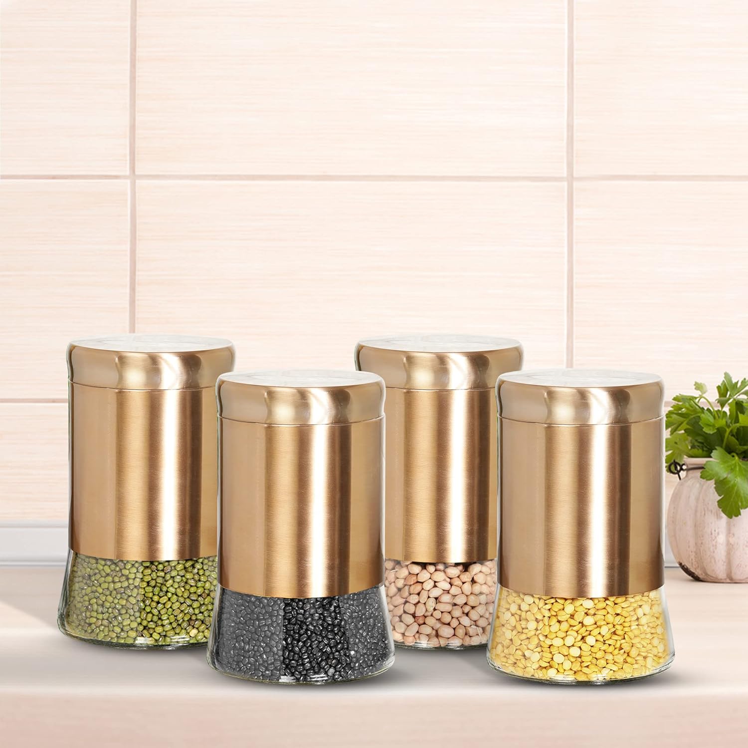 Cutting EDGE Rose Gold Finish Clear Glass Tapered Glass Jars for Sugar,Cereal, Spices, Pulses and other Kitchen Storage