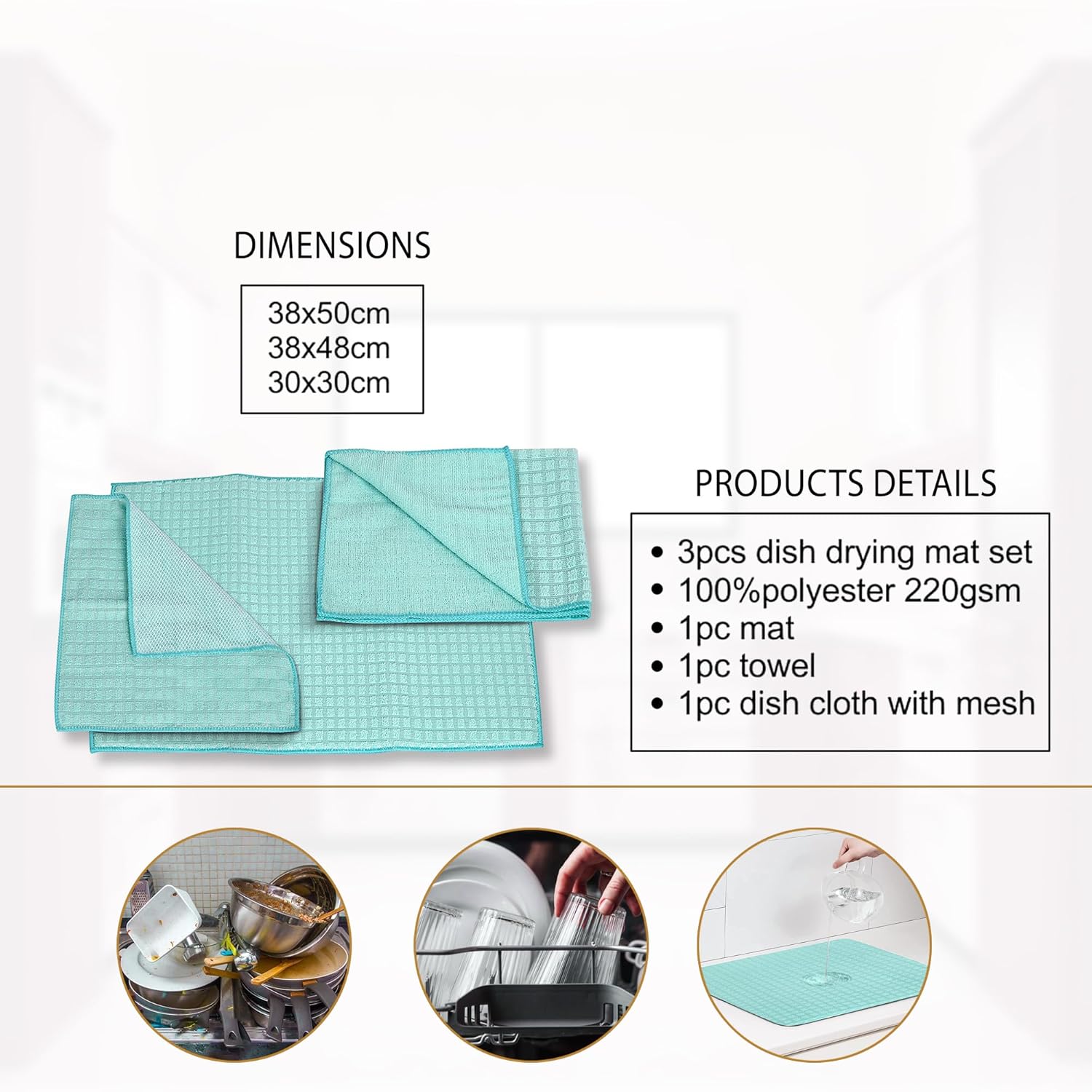 Cutting EDGE Kitchen Care Set – 3-Piece Combo: Dish Wash Cloth with Mesh, Dish Wash Towel, and Dish Drying Mat