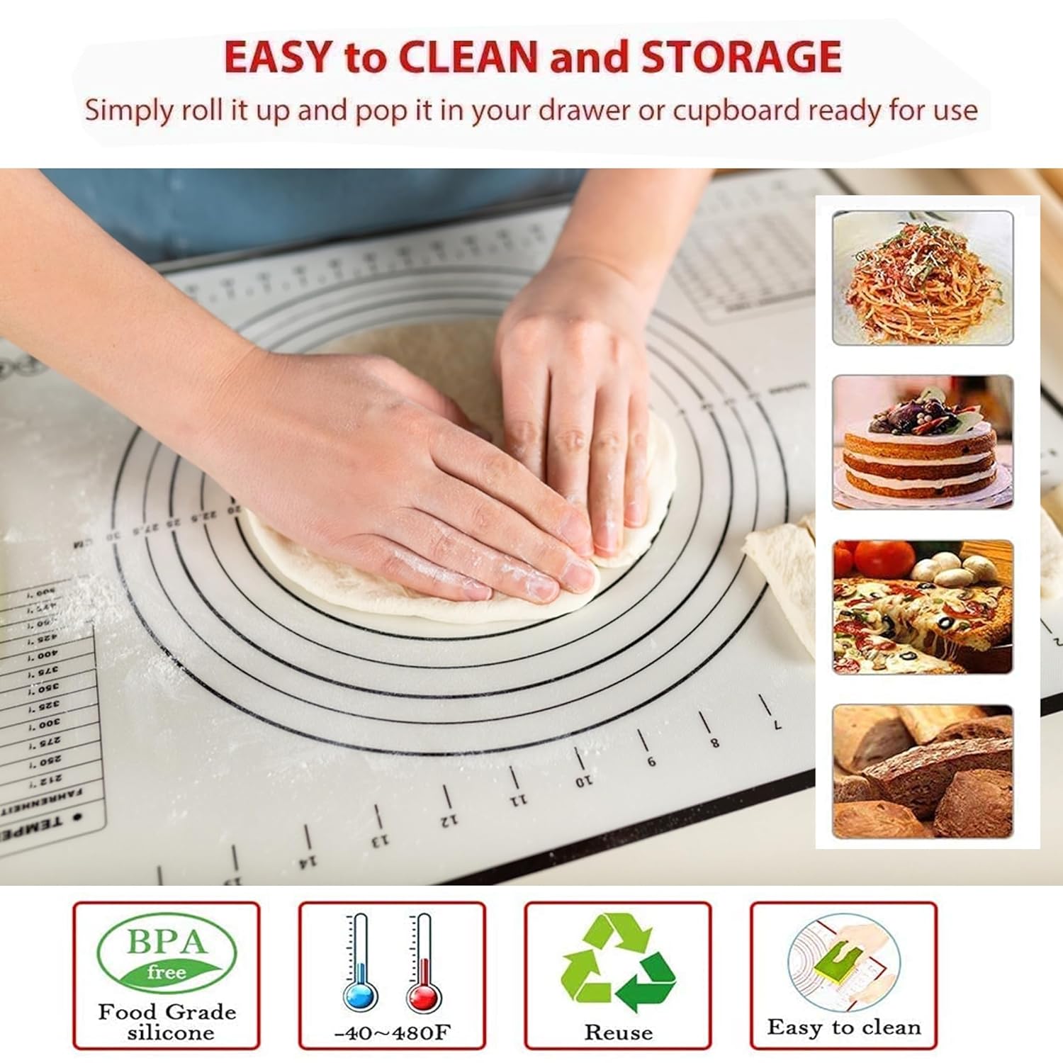 Cutting EDGE Silicone Baking Mat - Non Stick & Stretchable Ideal for Baking, Chapati Atta Kneading, Fondant, Thick and Large Rolling Mat with Measurments
