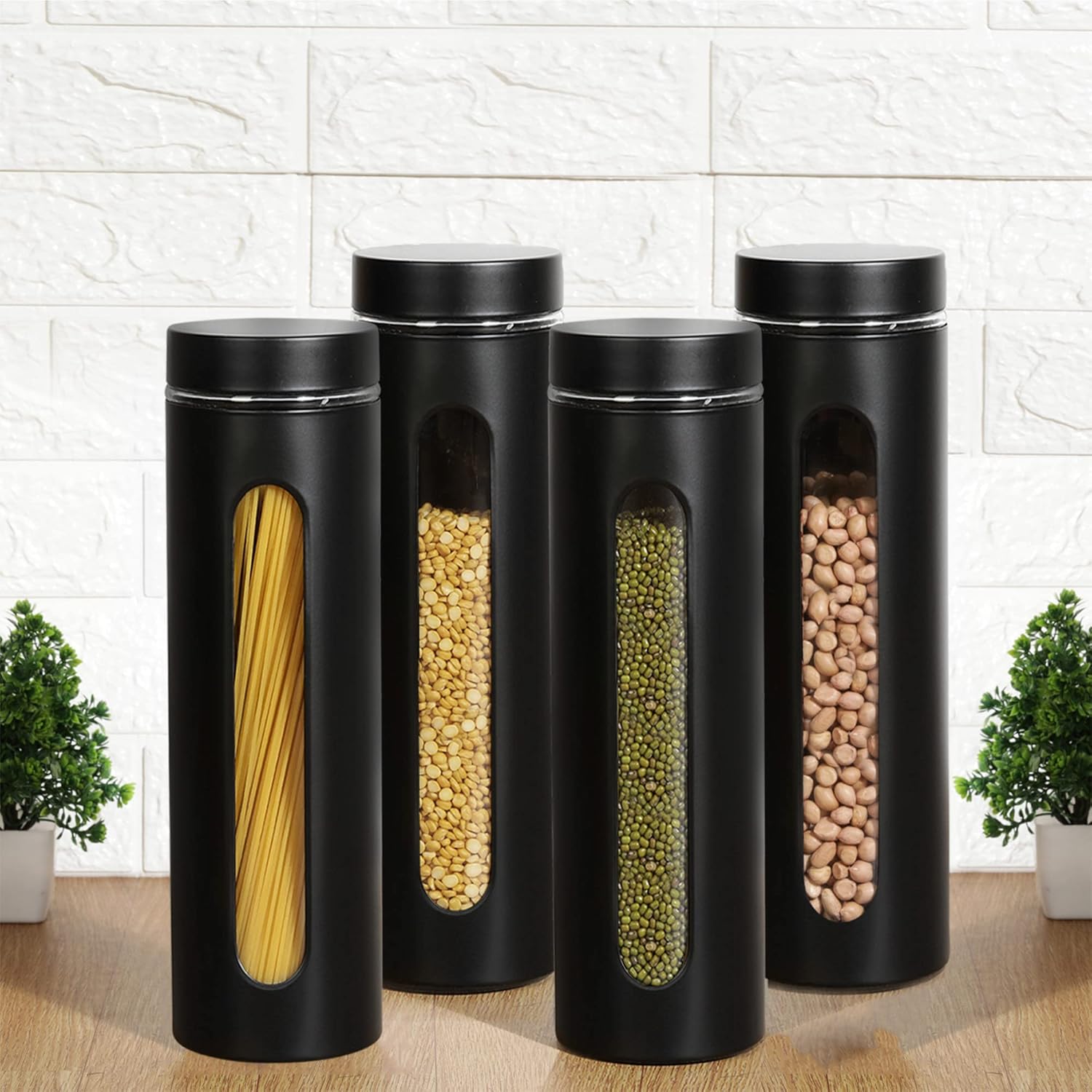 Cutting EDGE Oval Window - Powdered Black Finish Glass Jars for Dal,Dry Fruits,Spices and other Kitchen Storage