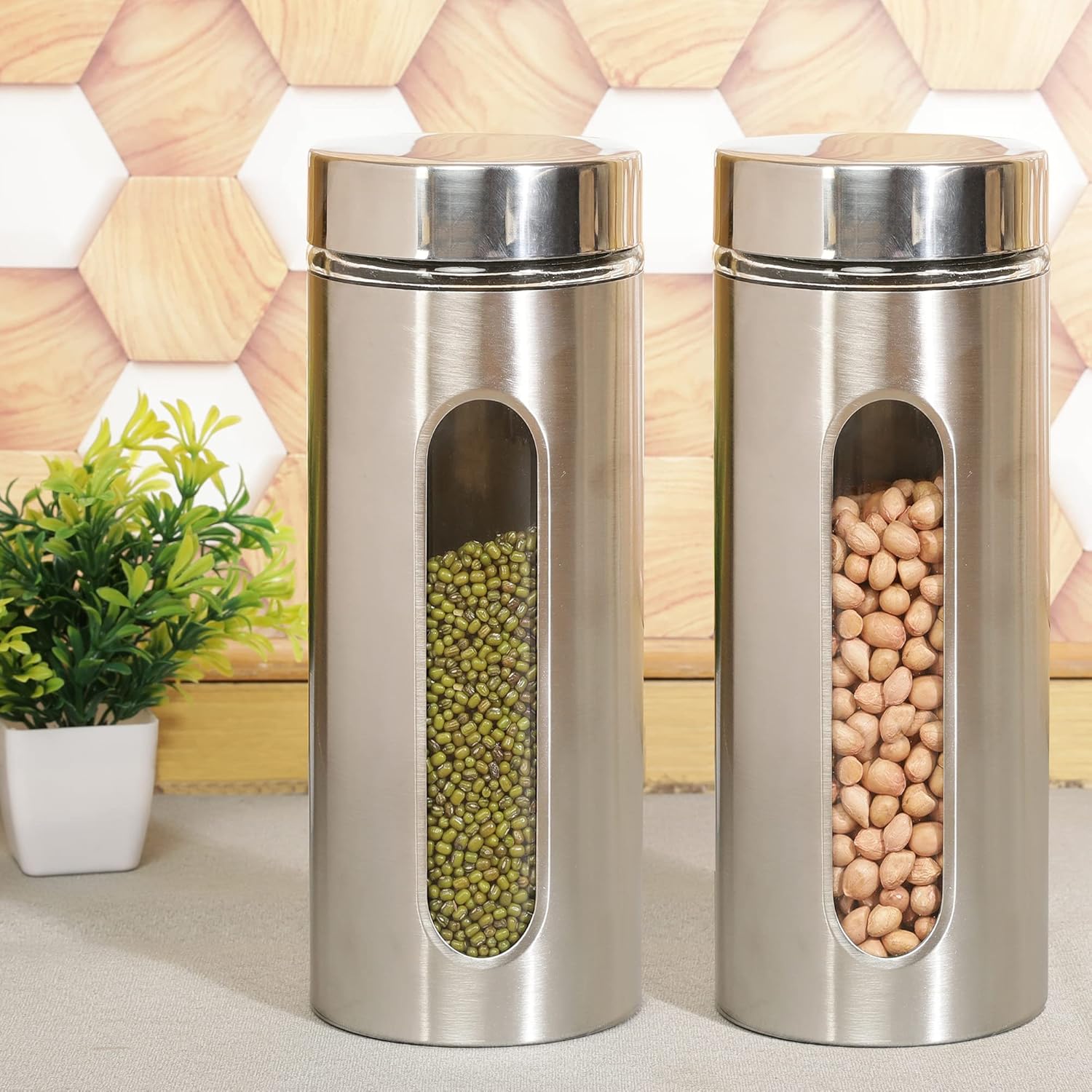 Cutting EDGE Oval Glass Window - Steel Jacketed Glass Jars for Dal, Dry Fruits, Spices and other Kitchen Storage