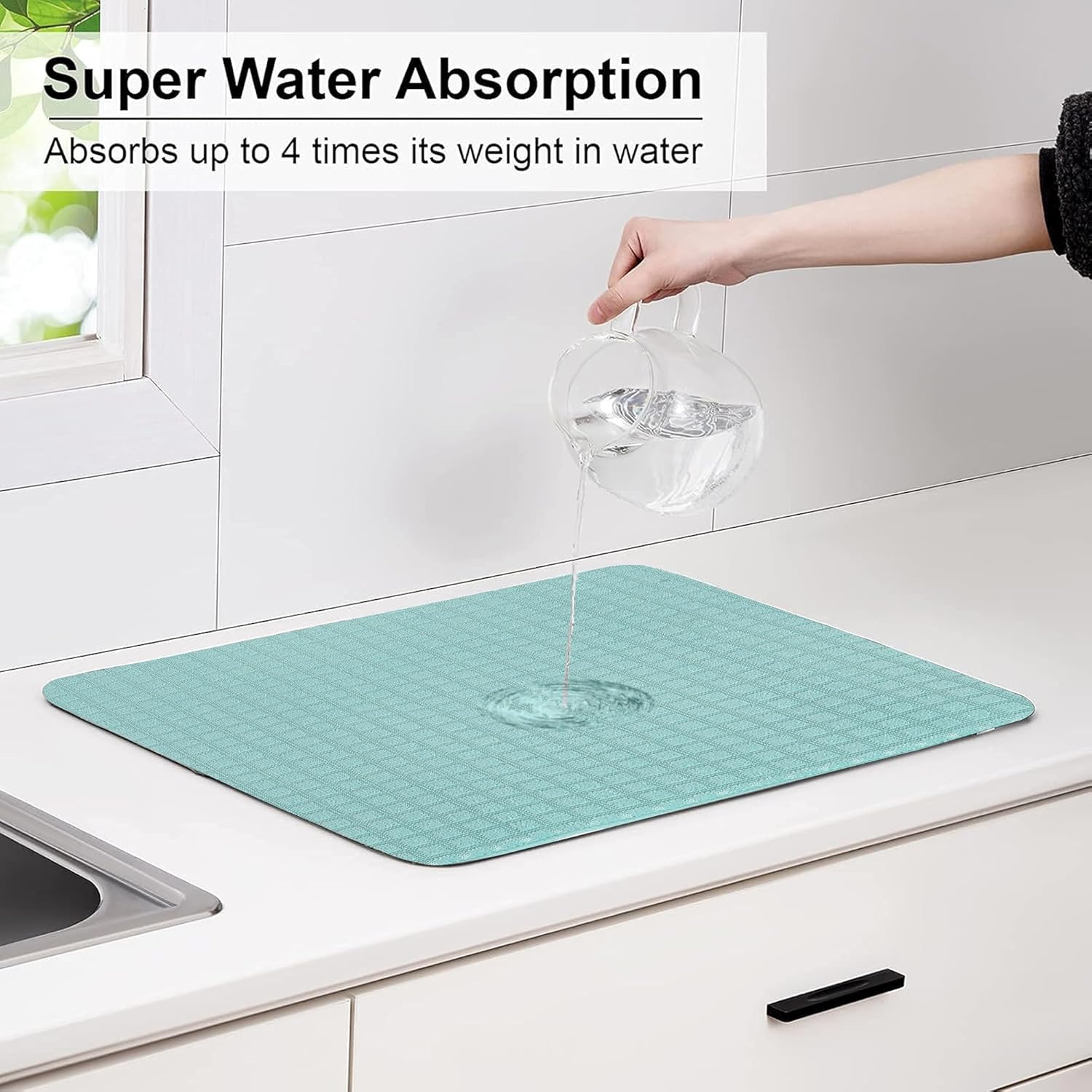 Dishwashing Combo with Microfiber Mesh Cloth, Super Absorbent Towel & Quick-Dry Dish Drying Mat for Utensils, Dishes, Countertops & Sink Area (Light Blue)