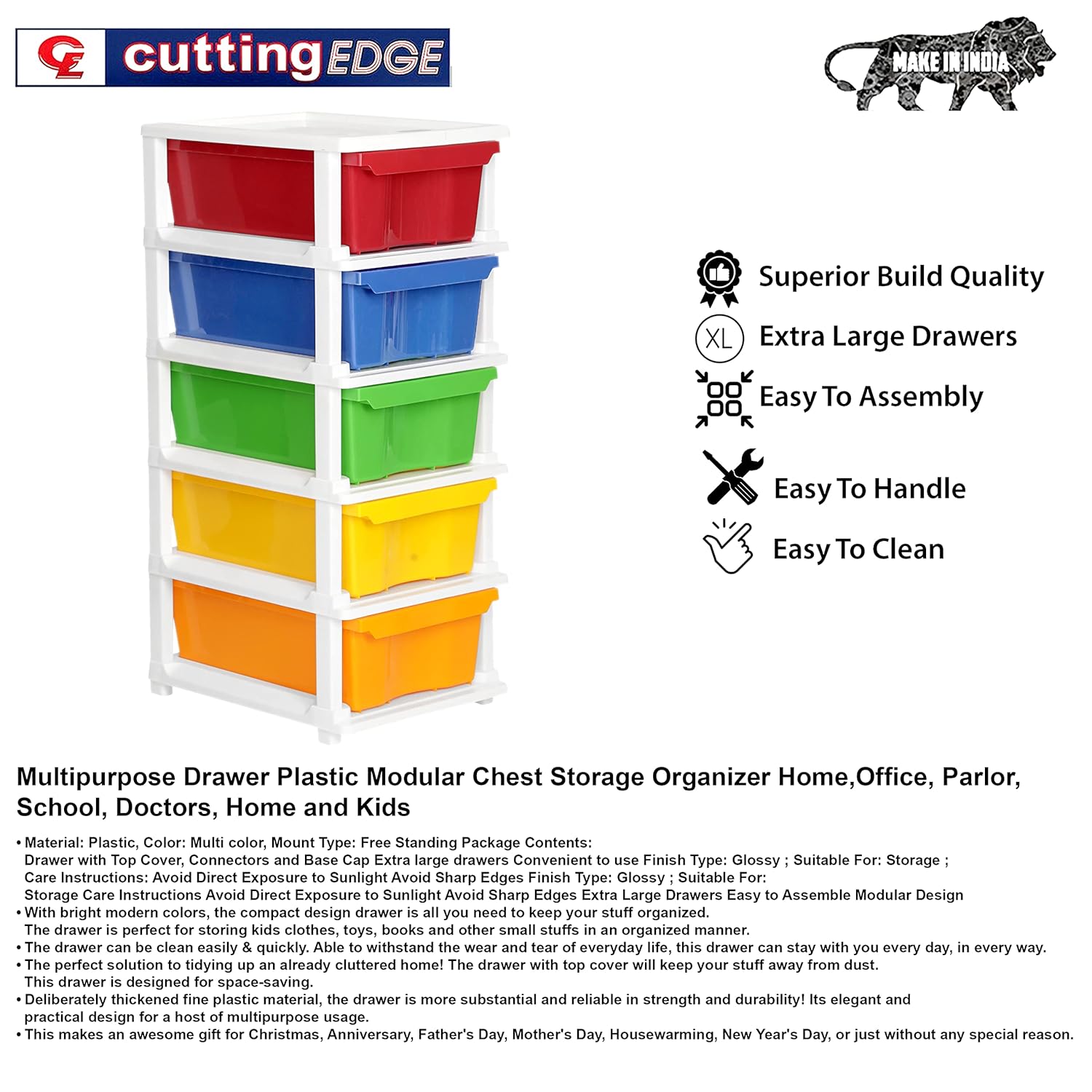 Cutting EDGE Compact Modular Plastic Drawer Set for Home, Office, Hospital, Parlor, School, Home & Kids, Product Dimension when assembled (Multicolor)