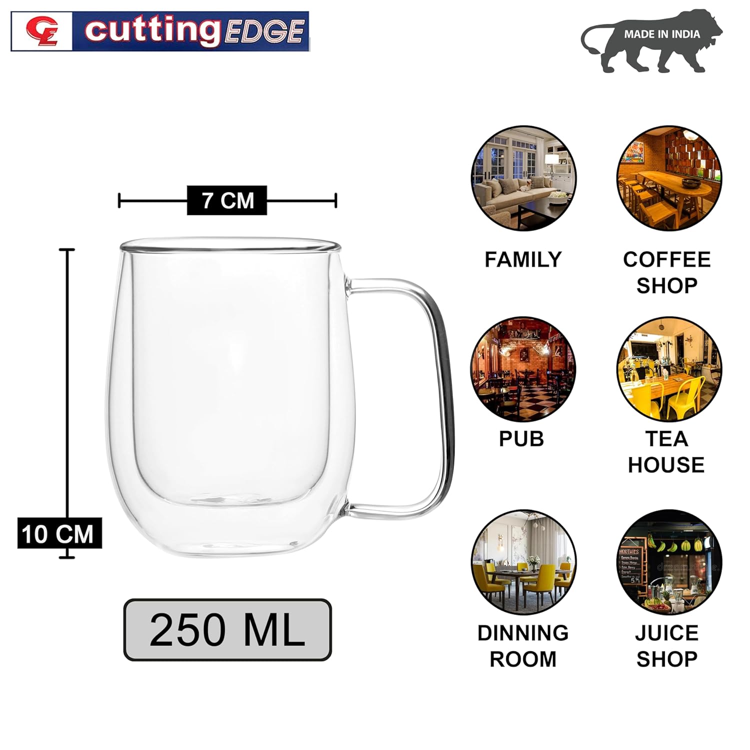 Cutting EDGE Iris Double Wall Heat Resistant Borosilicate Clear Tea Coffee Cup with Handle Glass Coffee Mug