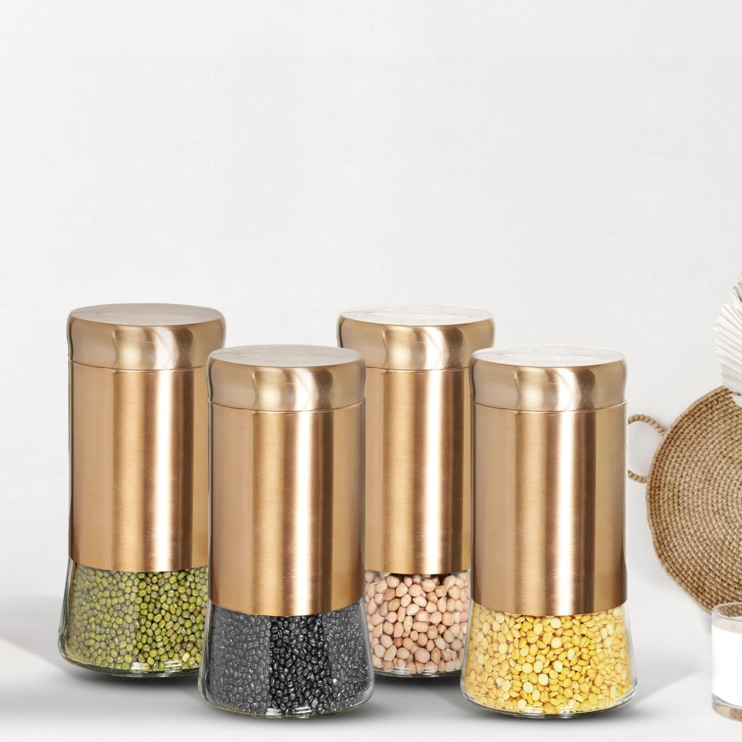 Cutting EDGE Rose Gold Finish Clear Glass Tapered Glass Jars for Sugar,Cereal, Spices, Pulses and other Kitchen Storage