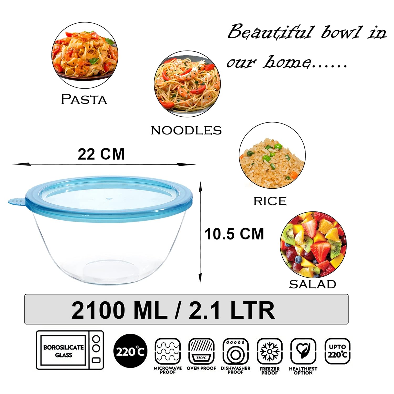 Cutting EDGE Borosilicate Mixing/Serving with Lid Round Glass Bowl for Kitchen (Transparent)