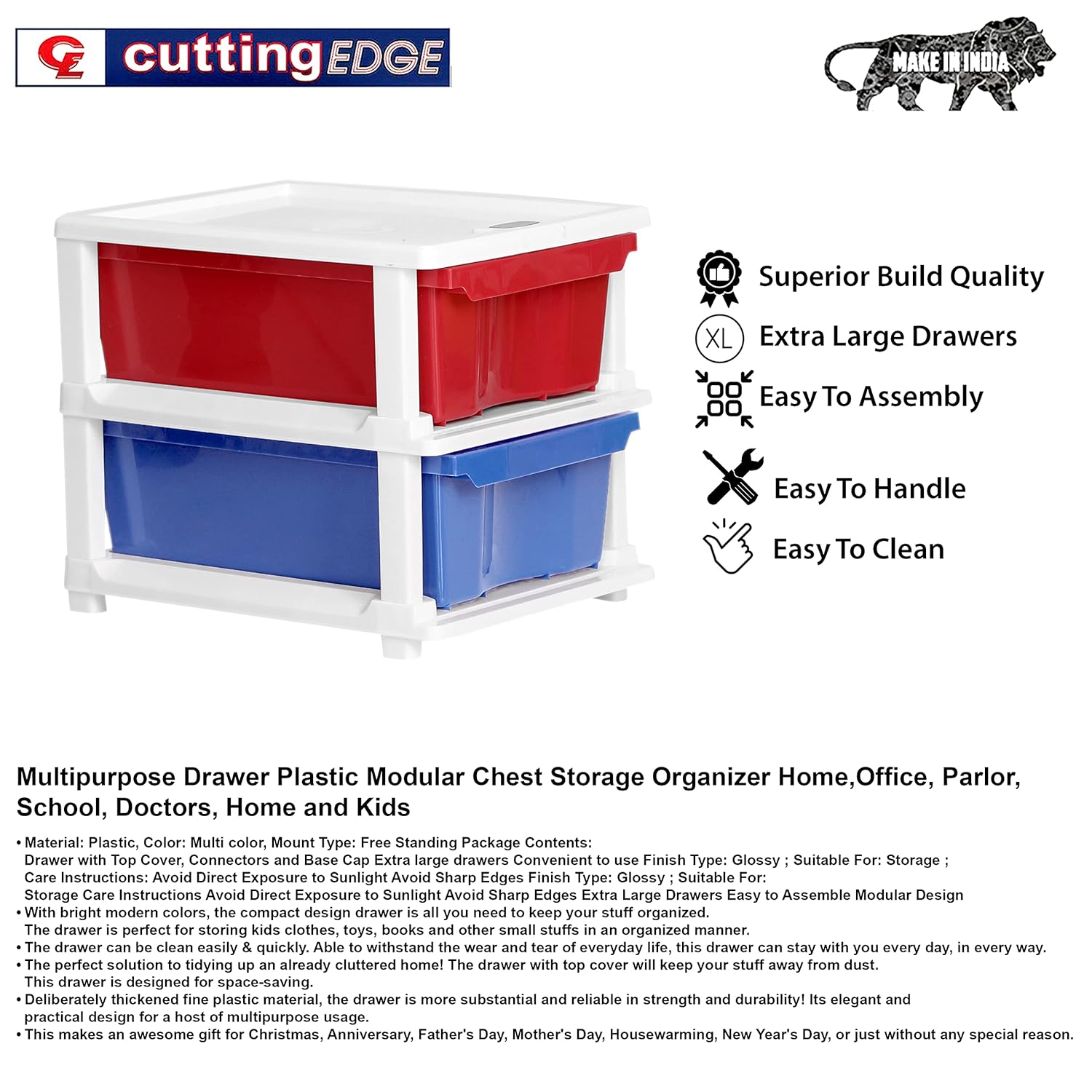 Cutting EDGE Compact Modular Plastic Drawer Set for Home, Office, Hospital, Parlor, School, Home & Kids, Product Dimension when assembled (Multicolor)