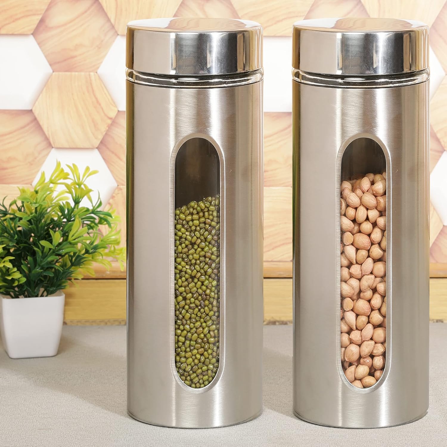 Cutting EDGE Oval Glass Window - Steel Jacketed Glass Jars for Dal, Dry Fruits, Spices and other Kitchen Storage