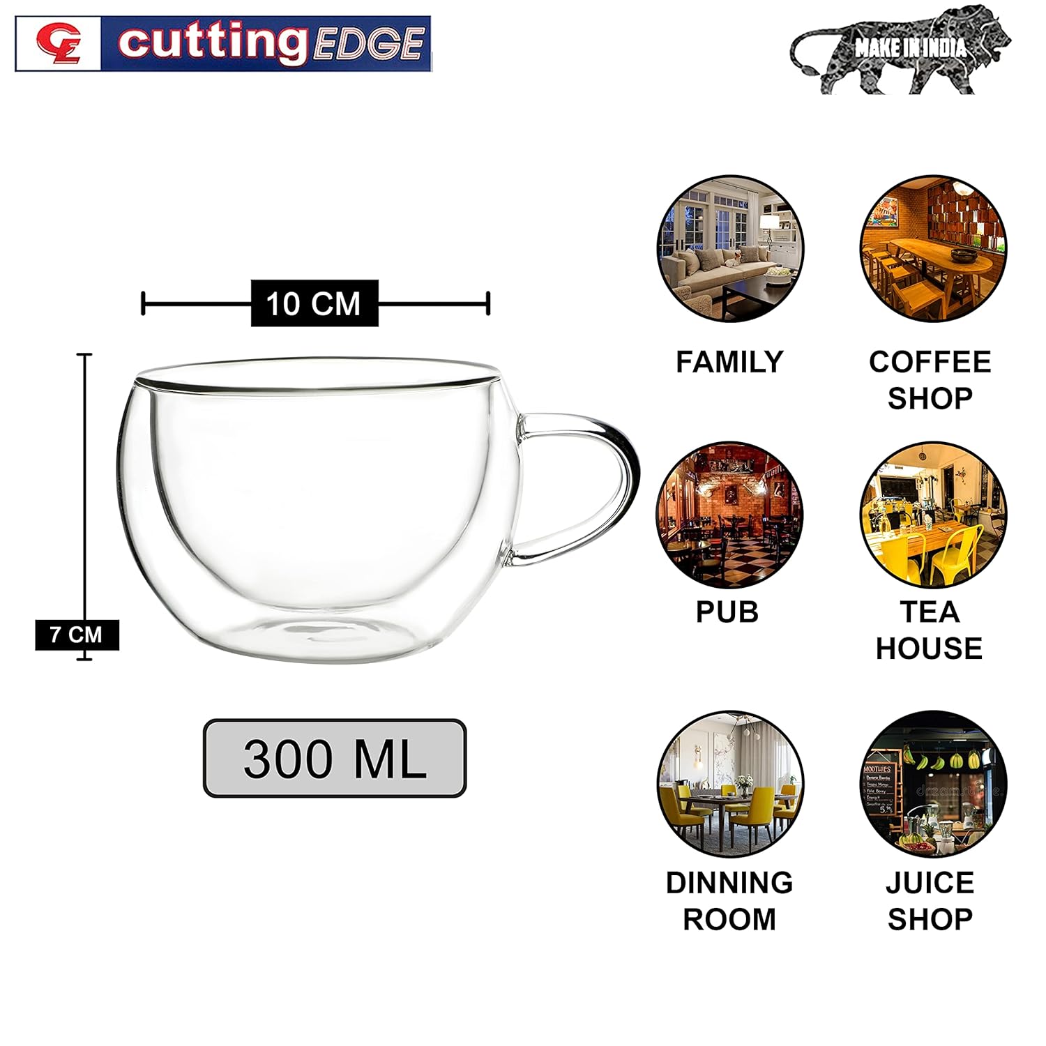 Cutting EDGE Iris Double Wall Heat Resistant Borosilicate Clear Tea Coffee Cup with Handle Glass Coffee Mug