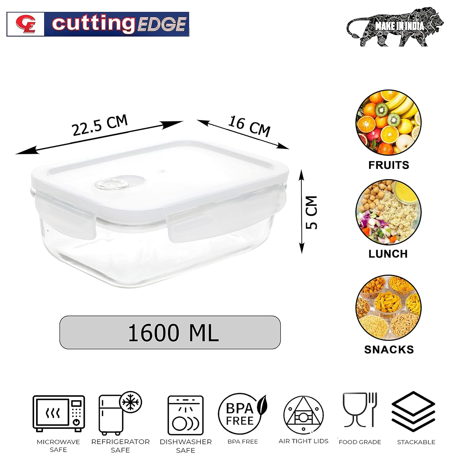 Cutting EDGE Smart Lock Borosilicate Rectangular Lunch Boxes / Glass Food Container with Air Vent Lid