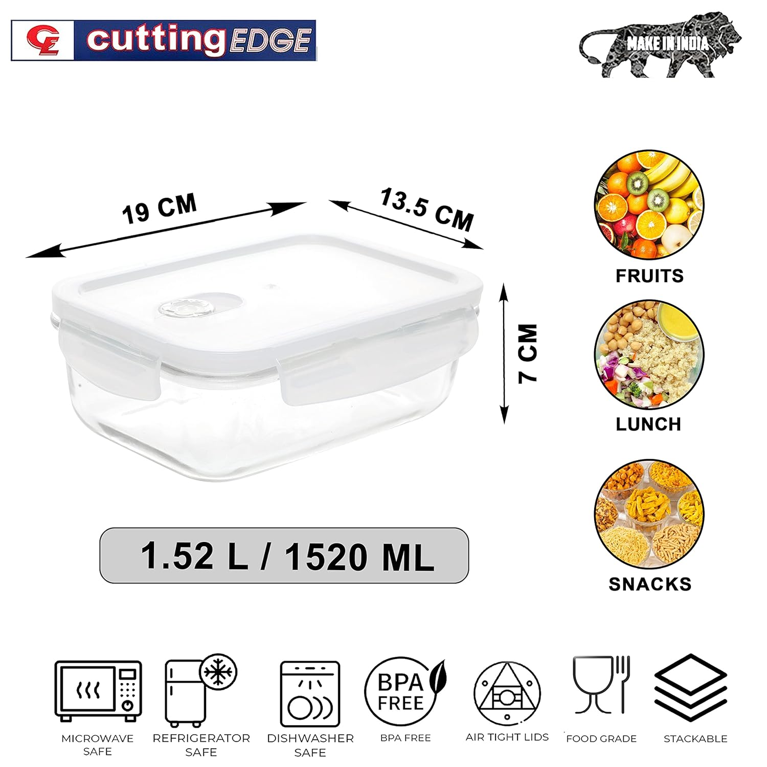 Cutting EDGE Smart Lock Borosilicate Rectangular Lunch Boxes / Glass Food Container with Air Vent Lid