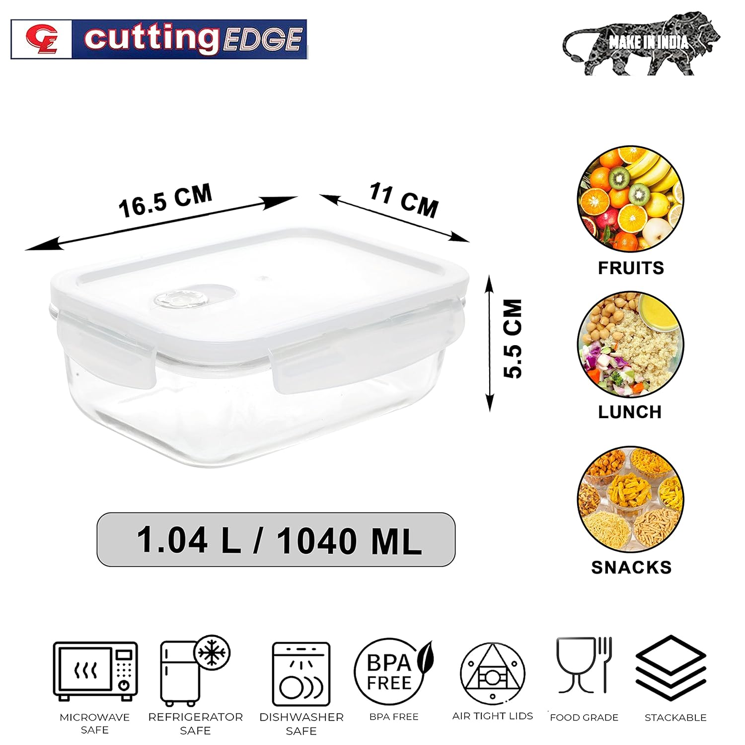 Cutting EDGE Smart Lock Borosilicate Rectangular Lunch Boxes / Glass Food Container with Air Vent Lid