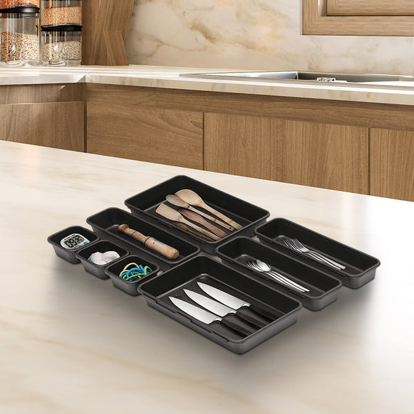Cutting EDGE Interlocking Drawer Organizer, Divider/Separator Black Plastic Trays for Flatware, Cutlery & Desk Storage for Household, Kitchen & Office