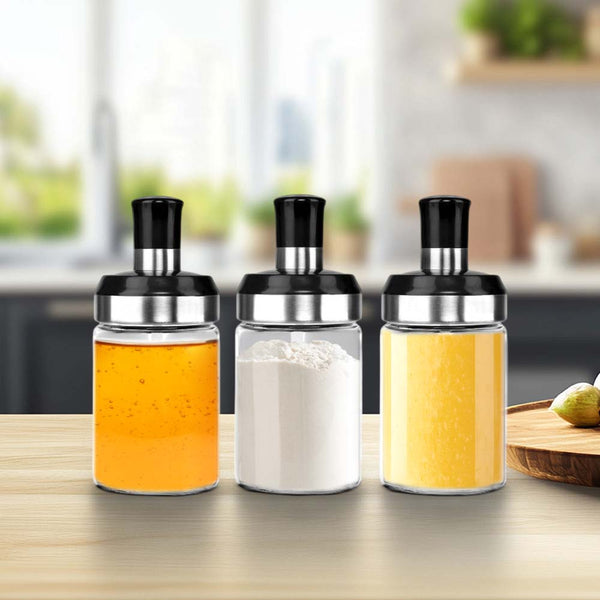 Cutting EDGE Glass Storage Container Jar Combo of Dipper for Honey, Ghee, Brush for Oil Sauce, Spoon for Salt Sugar & Other Seasoning, Spices