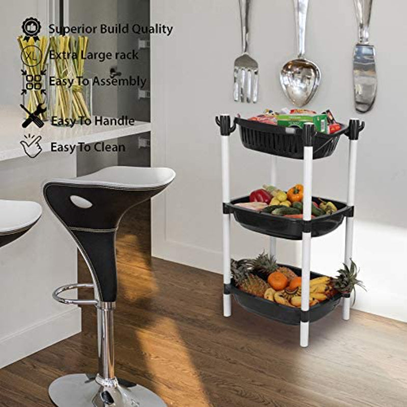 Cutting EDGE Wide Plastic XL Rack - 2 Layer (XL Size), Black & White for Kitchen, Home & Office Use, Fruits, Onion, Potato, Vegetables Tier Basket Trays for Household Multipurpose for Cosmetics Super Sturdy Organiser Storage