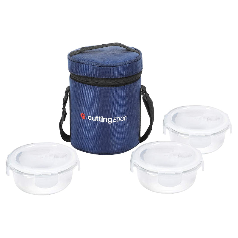 Cutting EDGE Round Glass Food Storage Lunch Box with Break Free Lock and Lunch Bag, Microwave Safe, High Borosilicate, Leak Proof, Plain Lid