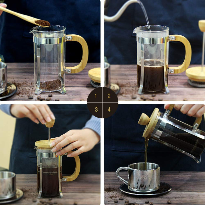 Cutting EDGE French Press Coffee / Tea Espresso Press Milk Frother with 18/8 Stainless Steel Filter High Borosilicate Carafe Durable Bamboo Handle 12oz/ Capacity 350ml