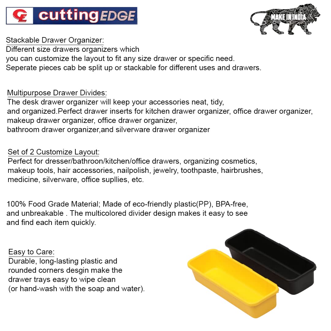 Cutting EDGE Interlocking Drawer Organizer, Divider/Separator Black Plastic Trays for Flatware, Cutlery & Desk Storage for Household, Kitchen & Office